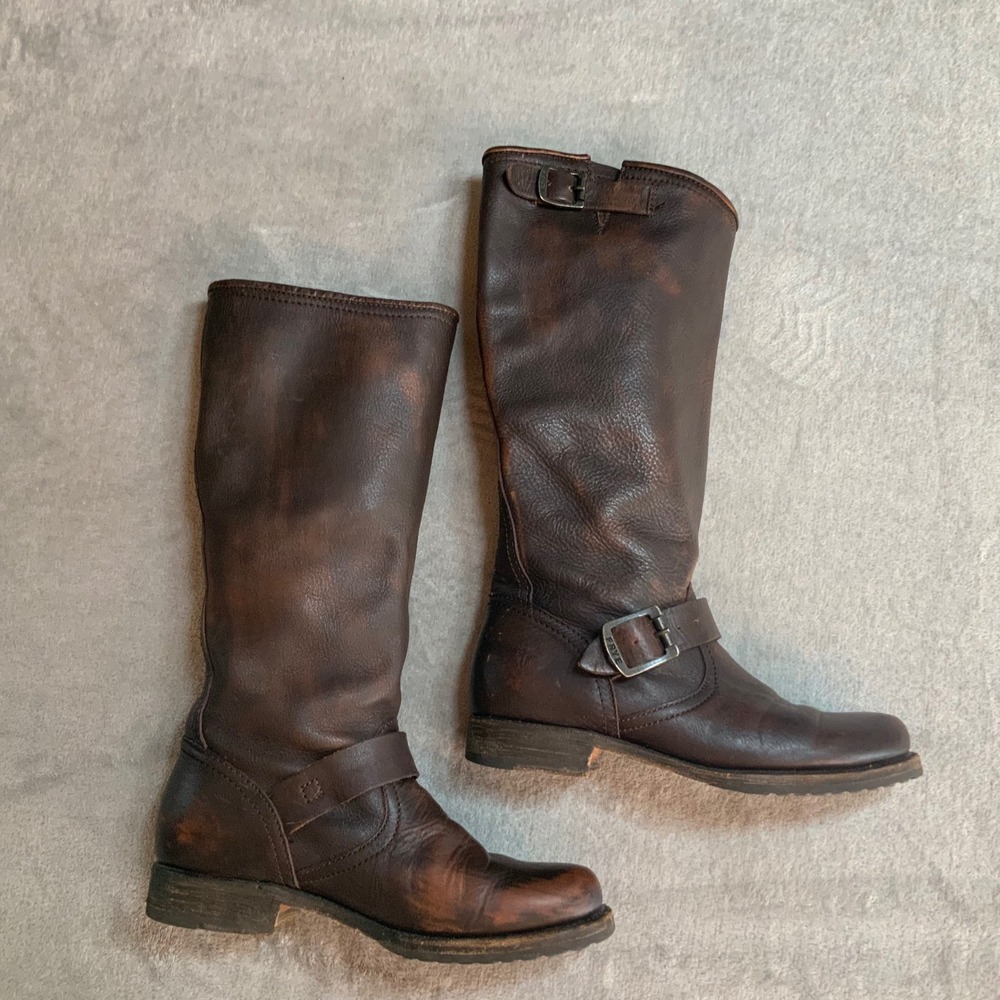 Frye Engineer 12R Dark Brown Distressed Leather Tall Moto Boots 77609 Womens 7.5 - Picture 4 of 12